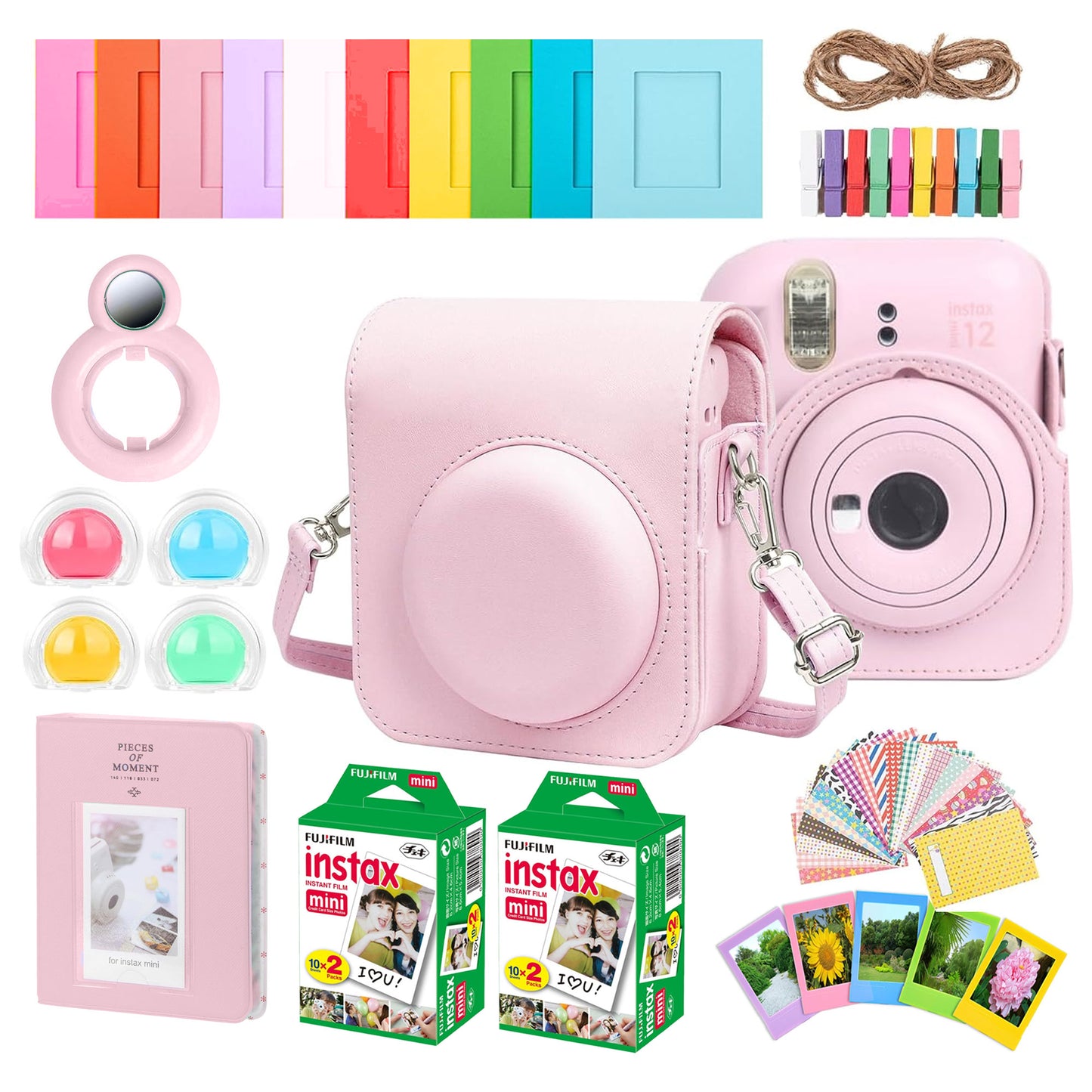 Complete Accessory Kit for Fujifilm Instax Mini 8/9/11/12 â€“ Camera Case, Photo Album, Frames, Stickers & Lens Filters (Pink) + 2x Fujifilm 2x10 Film Mini Instax Film Pack