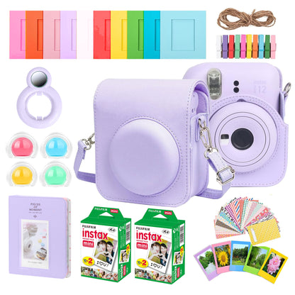 Complete Accessory Kit for Fujifilm Instax Mini 8/9/11/12 – Camera Case, Photo Album, Frames, Stickers & Lens Filters (Purple) + 2x Fujifilm 2x10 Film Mini Instax Film Pack