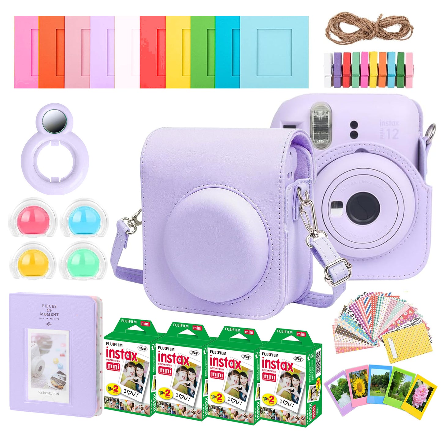 Complete Accessory Kit for Fujifilm Instax Mini 8/9/11/12 – Camera Case, Photo Album, Frames, Stickers & Lens Filters (Purple) + 4x Fujifilm 2x10 Film Mini Instax Film Pack