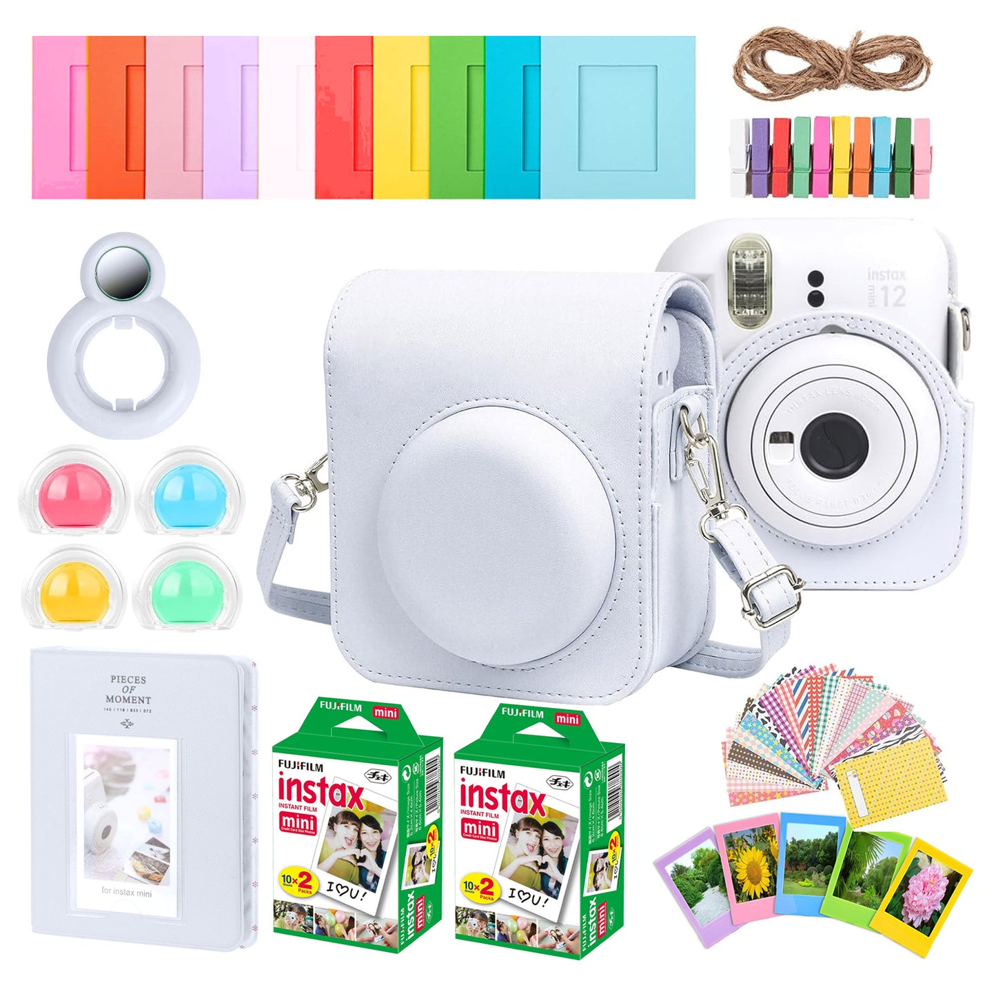 Complete Accessory Kit for Fujifilm Instax Mini 8/9/11/12 â€“ Camera Case, Photo Album, Frames, Stickers & Lens Filters (White) + 2x Fujifilm 2x10 Film Mini Instax Film Pack