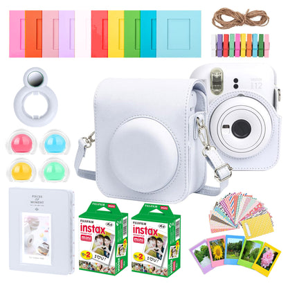 Complete Accessory Kit for Fujifilm Instax Mini 8/9/11/12 â€“ Camera Case, Photo Album, Frames, Stickers & Lens Filters (White) + 2x Fujifilm 2x10 Film Mini Instax Film Pack