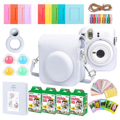 Complete Accessory Kit for Fujifilm Instax Mini 8/9/11/12 – Camera Case, Photo Album, Frames, Stickers & Lens Filters (White) + 4x Fujifilm 2x10 Film Mini Instax Film Pack