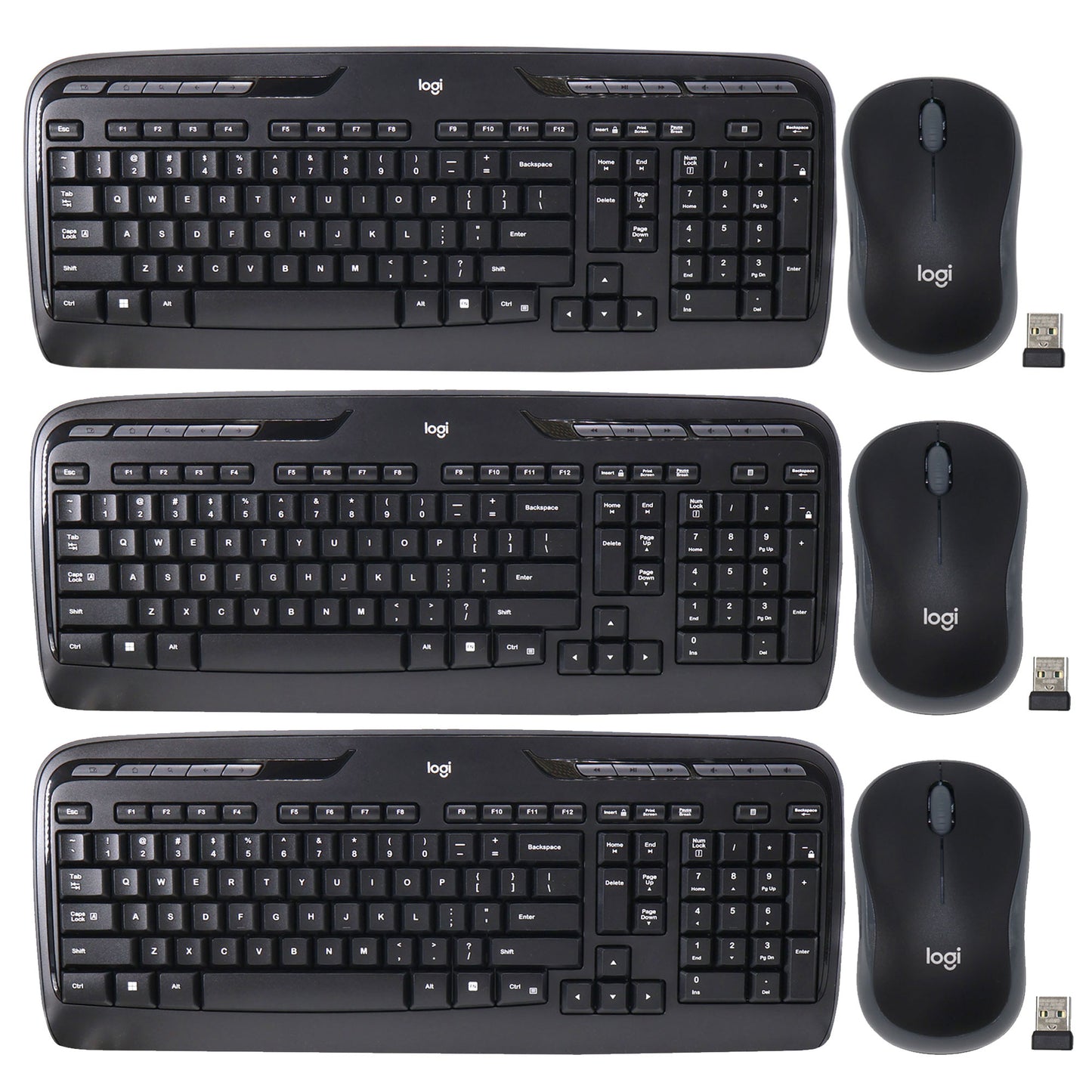 3x Logitech MK320 Full-size Wireless Membrane Keyboard and Mouse Bundle for PC - Black