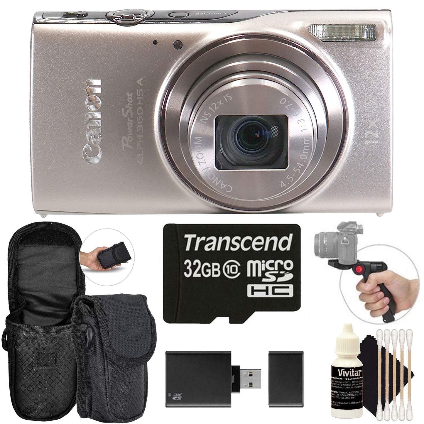 Canon PowerShot ELPH 360 HS A Digital Camera (Silver) + 32GB MicroSD Memory Card + Neoprene Compact Protective Carrying Case  + Vivitar Pistol Grip Tabletop Tripod + Memory Card Reader + Vivitar Three Piece Cleaning Kit