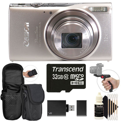 Canon PowerShot ELPH 360 HS A Digital Camera (Silver) + 32GB MicroSD Memory Card + Neoprene Compact Protective Carrying Case  + Vivitar Pistol Grip Tabletop Tripod + Memory Card Reader + Vivitar Three Piece Cleaning Kit