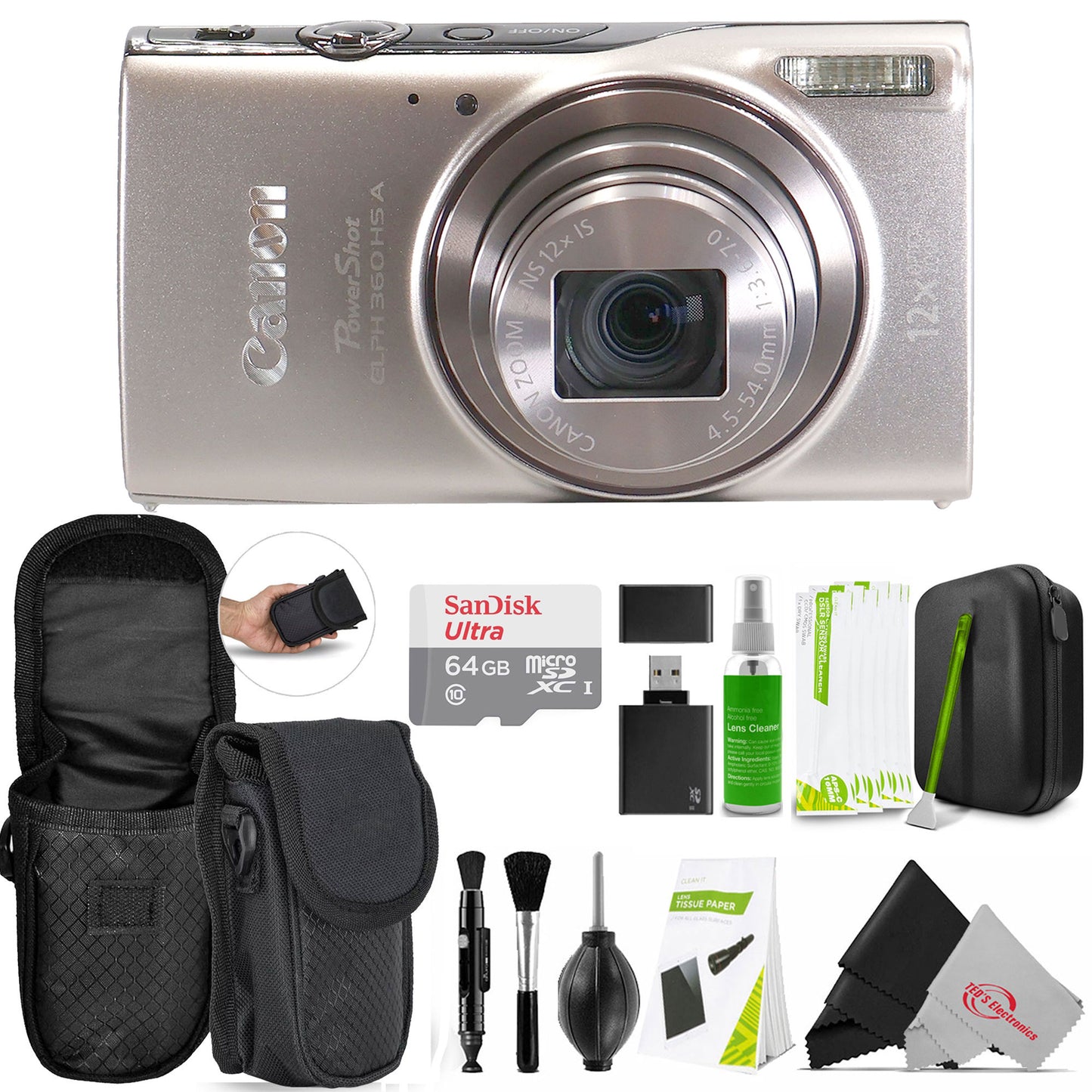 Canon PowerShot ELPH 360 HS A Digital Camera (Silver) with 64GB microSDXC Card Basic Camera Bundle