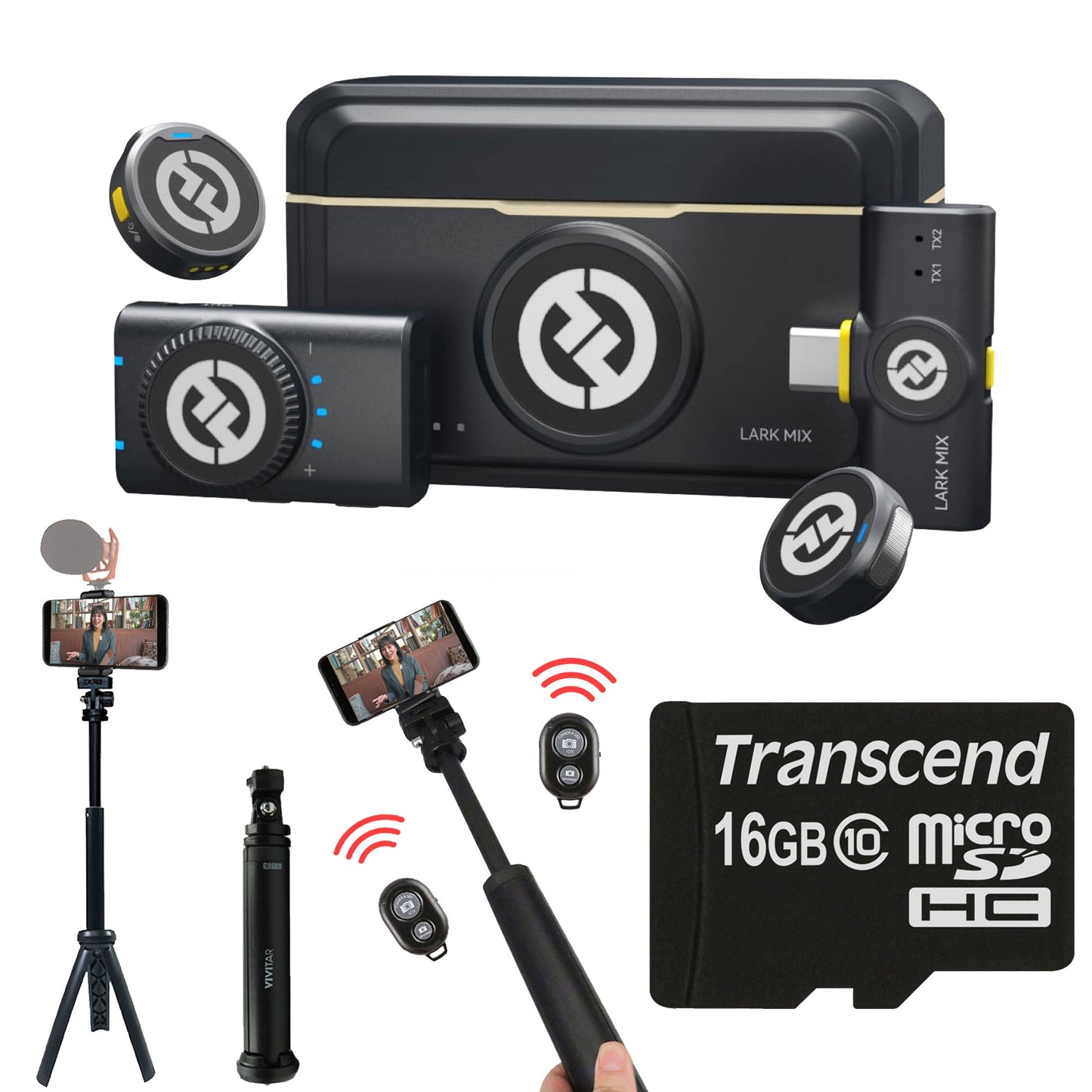 Hollyland LARK M2 2-Person Wireless Mini Combo Microphone System (2.4 GHz, Shine Charcoal) + Vivitar 13 Inch Foldable Pocket Tripod with Wireless Remote and Smart Phone Bracket + 16GB Transcend MicroSD Memory Card with Adapter