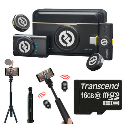 Hollyland LARK M2 2-Person Wireless Mini Combo Microphone System (2.4 GHz, Shine Charcoal) + Vivitar 13 Inch Foldable Pocket Tripod with Wireless Remote and Smart Phone Bracket + 16GB Transcend MicroSD Memory Card with Adapter