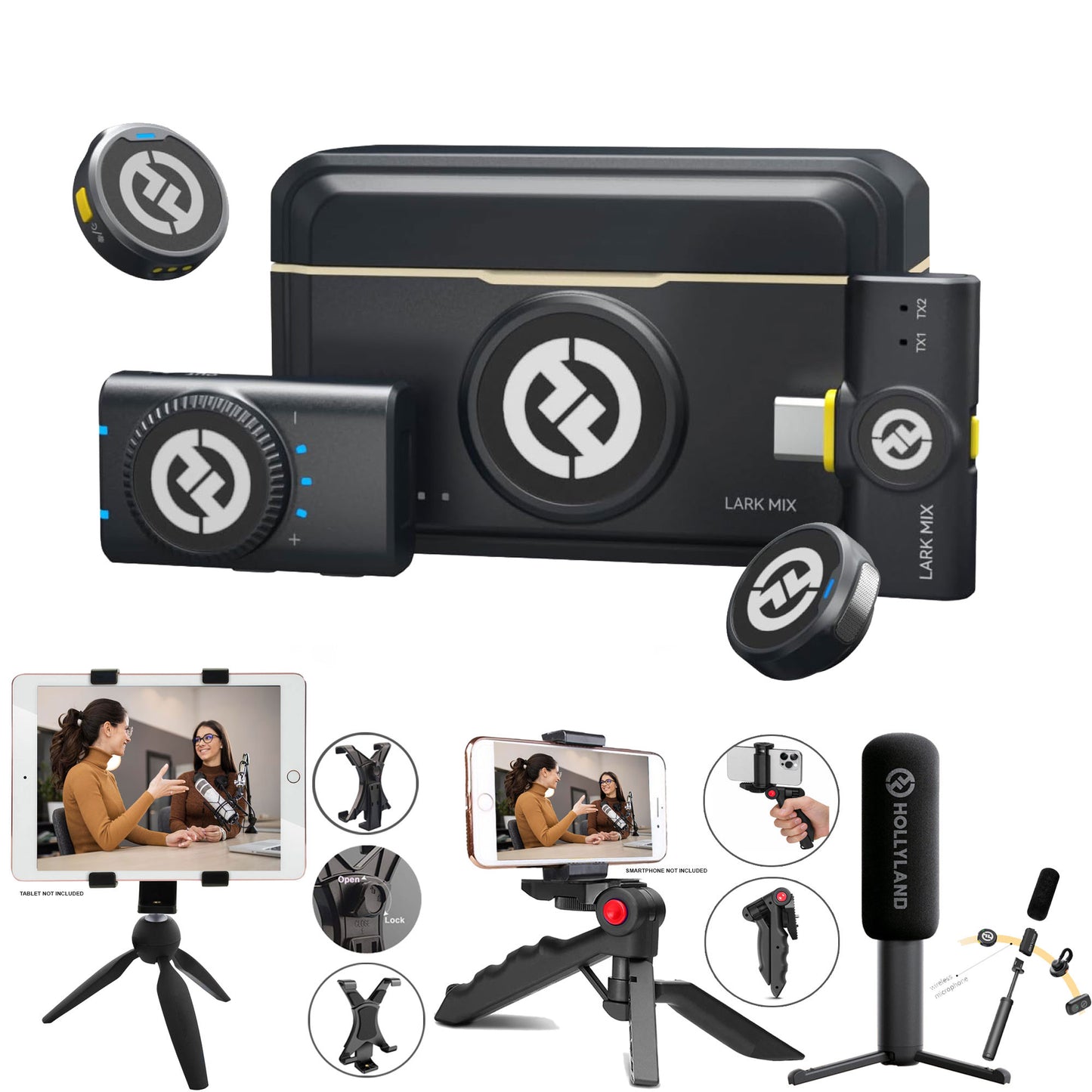 Hollyland LARK M2 2-Person Wireless Mini Combo Microphone System Complete Creator Bundle (Tripods, Adapter & Tablet Mount)