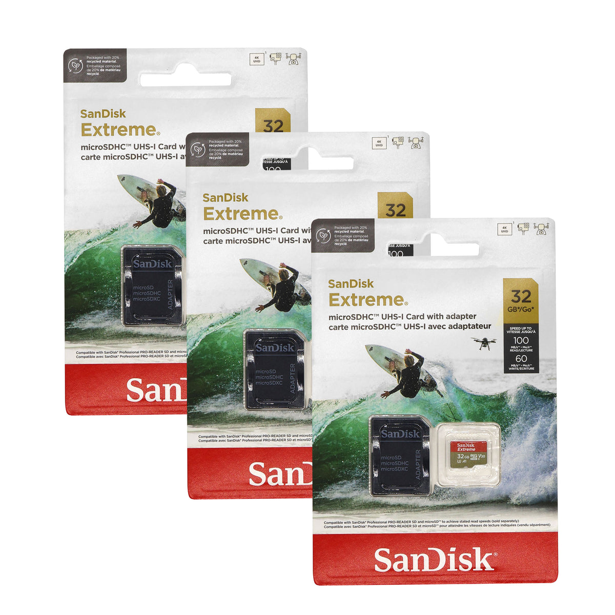 3x SanDisk 32GB Extreme UHS-I microSDHC Memory Card with SD Adapter