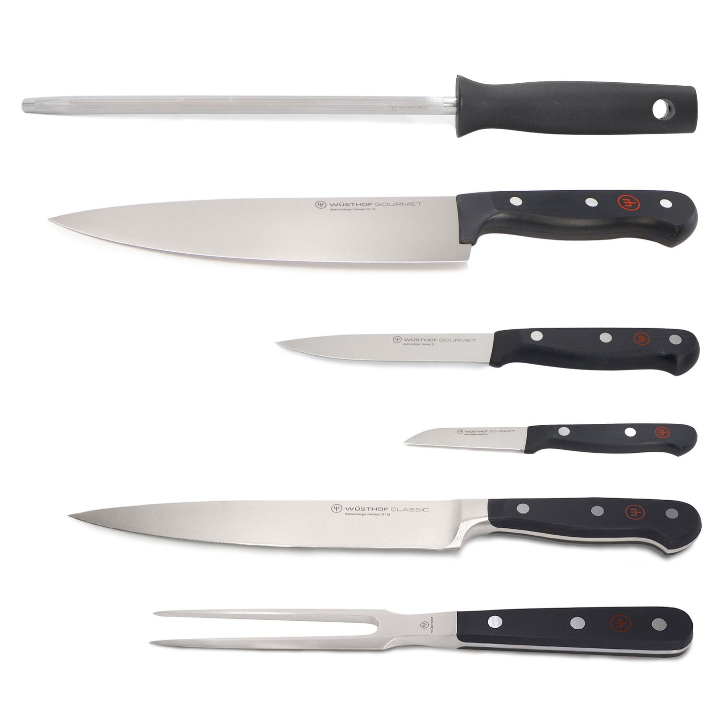Wusthof Gourmet 4-Piece Chef's Knife Set, Black - Includes 8" Chef's Knife, 2.75" Paring Knife, 4.5" Utility Knife, Honing Steel + Wusthof Classic 2-Piece Carving Set - Includes Classic 8" Carving Knife + Classic 6" Straight Meat Fork  - 1120160204