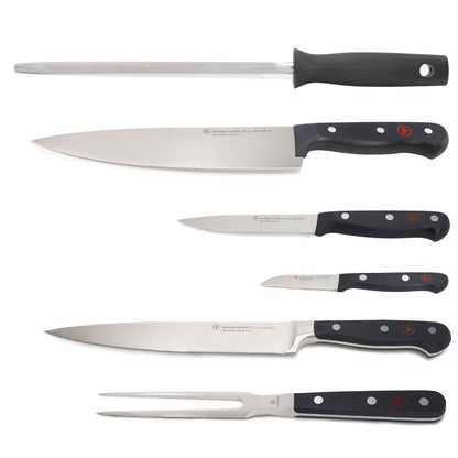 Wusthof Gourmet 4-Piece Chef's Knife Set, Black - Includes 8" Chef's Knife, 2.75" Paring Knife, 4.5" Utility Knife, Honing Steel + Wusthof Classic 2-Piece Carving Set - Includes Classic 8" Carving Knife + Classic 6" Straight Meat Fork  - 1120160204