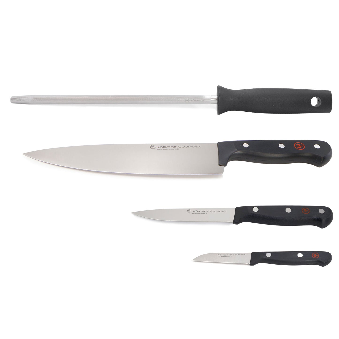 Wusthof Gourmet 4-Piece Chef's Knife Set, Black - Includes 8" Chef's Knife, 2.75" Paring Knife, 4.5" Utility Knife, Honing Steel + Wusthof Classic 2-Piece Carving Set - Includes Classic 8" Carving Knife + Classic 6" Straight Meat Fork  - 1120160204