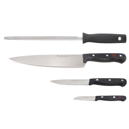 Wusthof Gourmet 4-Piece Chef's Knife Set, Black - Includes 8" Chef's Knife, 2.75" Paring Knife, 4.5" Utility Knife, Honing Steel + Wusthof Classic 2-Piece Carving Set - Includes Classic 8" Carving Knife + Classic 6" Straight Meat Fork  - 1120160204