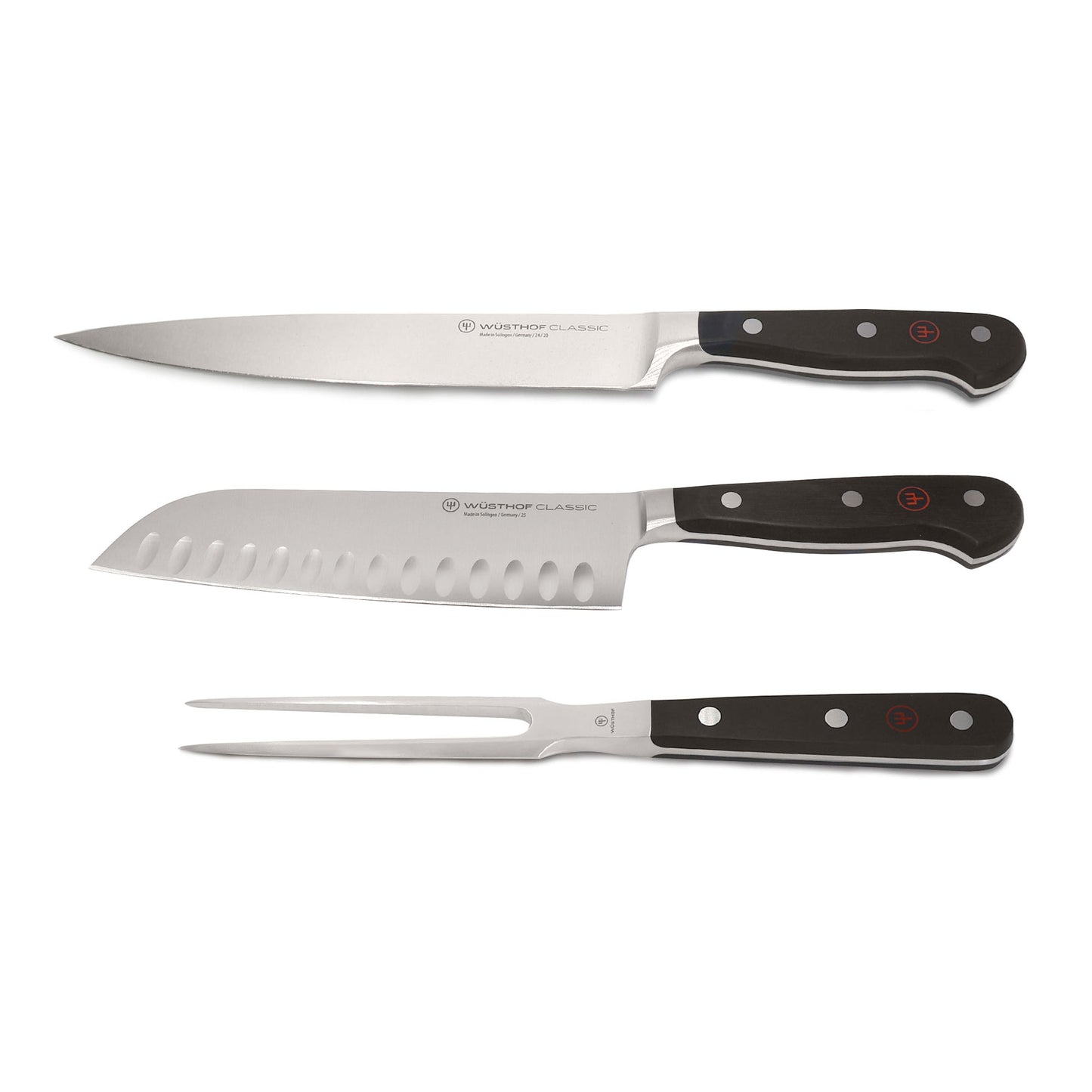 Wusthof Classic 17cm / 7" Hollow Edge Santoku Kitchen Knife + Wusthof Classic 2-Piece Carving Set - Includes Classic 8" Carving Knife + Classic 6" Straight Meat Fork  - 1120160204