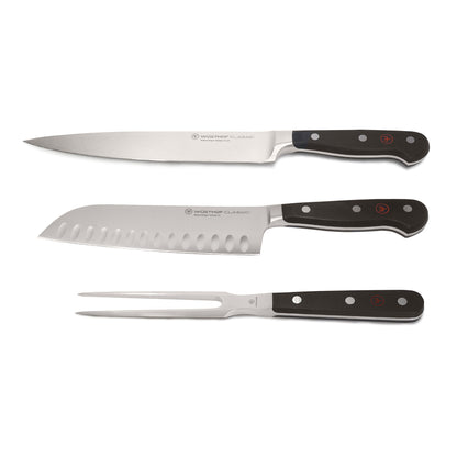 Wusthof Classic 17cm / 7" Hollow Edge Santoku Kitchen Knife + Wusthof Classic 2-Piece Carving Set - Includes Classic 8" Carving Knife + Classic 6" Straight Meat Fork  - 1120160204