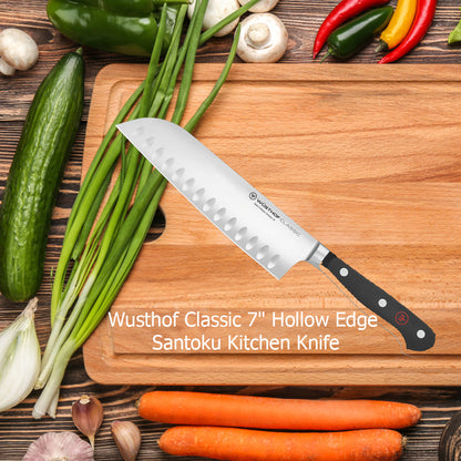 Wusthof Classic 17cm / 7" Hollow Edge Santoku Kitchen Knife + Wusthof Classic 2-Piece Carving Set - Includes Classic 8" Carving Knife + Classic 6" Straight Meat Fork  - 1120160204