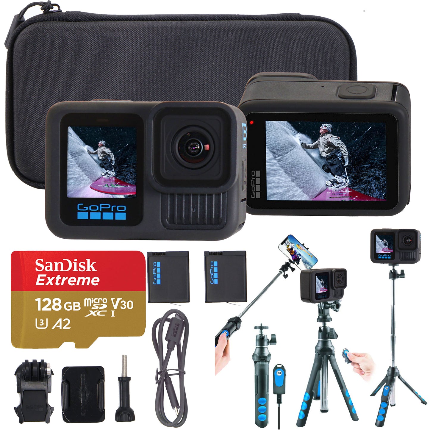 GoPro HERO13 Action Camera Bundle with Additional Battery, 128GB microSD Card and Carrying Case (Black) + Vivitar 7-in-1 Streaming Essentials Selfie Tripod Selfie Stick with Wireless Remote for Smartphones Cameras and GoPro