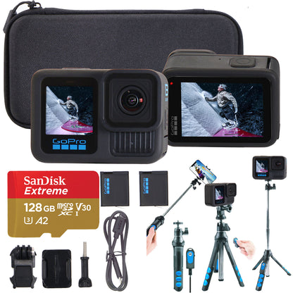 GoPro HERO13 Action Camera Bundle with Additional Battery, 128GB microSD Card and Carrying Case (Black) + Vivitar 7-in-1 Streaming Essentials Selfie Tripod Selfie Stick with Wireless Remote for Smartphones Cameras and GoPro