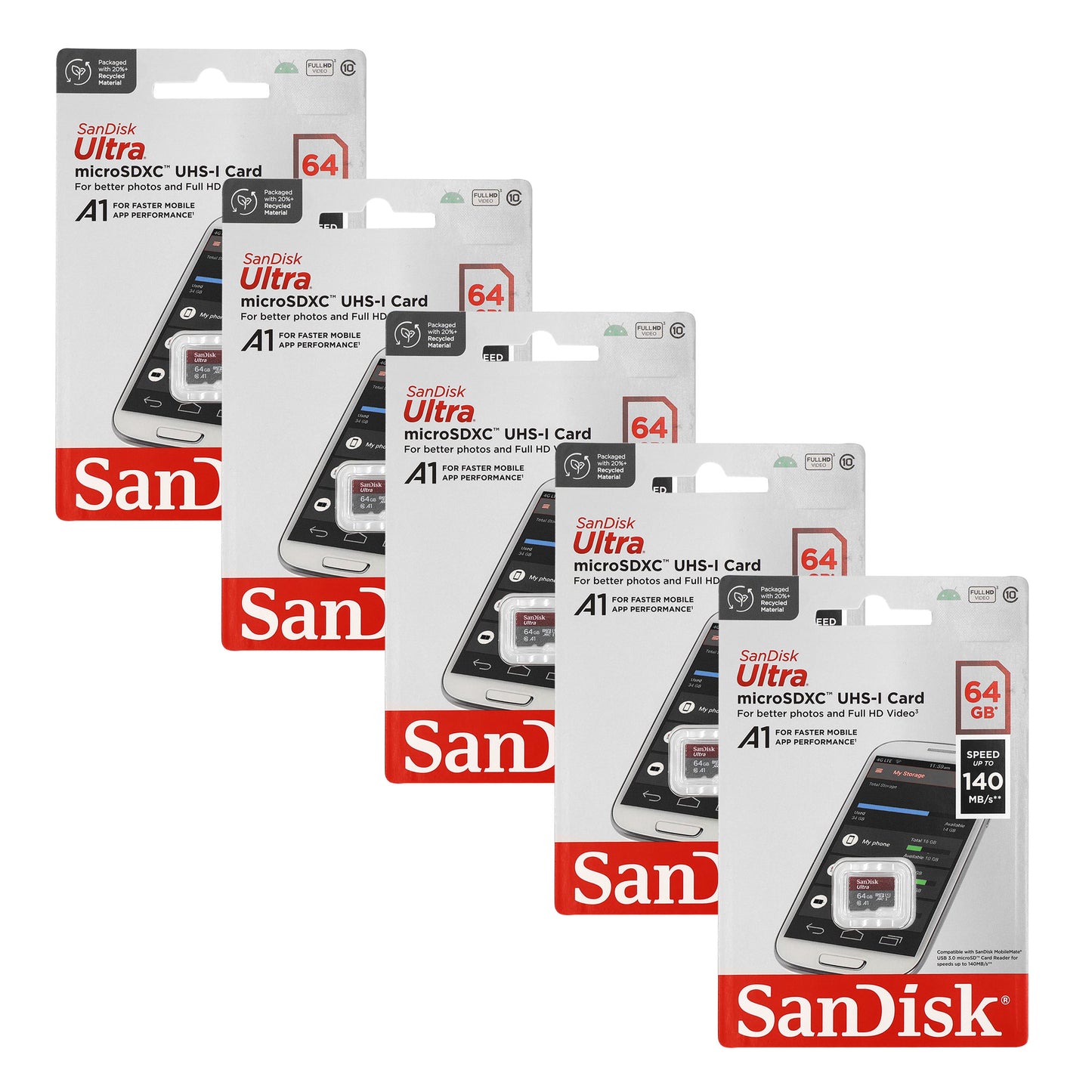 5x Sandisk Ultra microSD 64 GB 140MB/s Memory Card