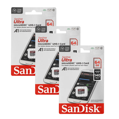 3x Sandisk Ultra microSD 64 GB 140MB/s Memory Card