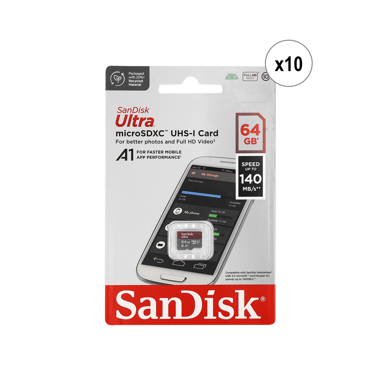 10x Sandisk Ultra microSD 64 GB 140MB/s Memory Card