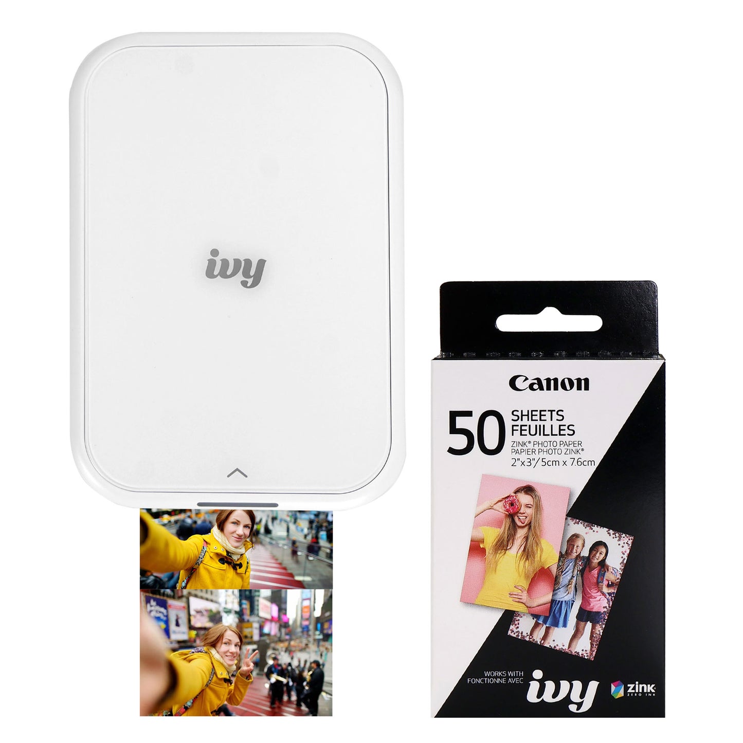 Canon IVY 2 Mini Photo Printer (Pure White) + Canon 2 x 3" ZINK Photo Paper Pack (50 Sheets)