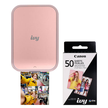 Canon IVY 2 Mini Photo Printer (Blush Pink) + Canon 2 x 3" ZINK Photo Paper Pack (50 Sheets)