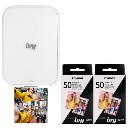 Canon IVY 2 Mini Photo Printer (Pure White) + 2x Canon 2 x 3" ZINK Photo Paper Pack (50 Sheets)