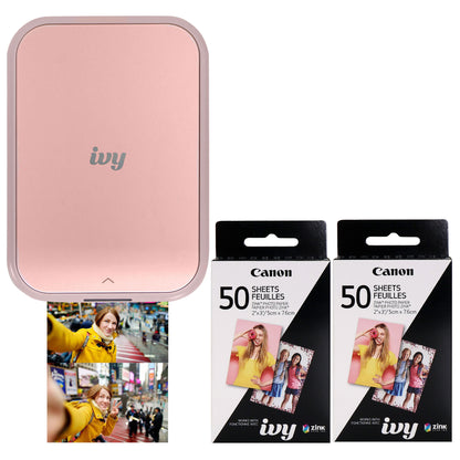 Canon IVY 2 Mini Photo Printer (Blush Pink) + 2x Canon 2 x 3" ZINK Photo Paper Pack (50 Sheets)
