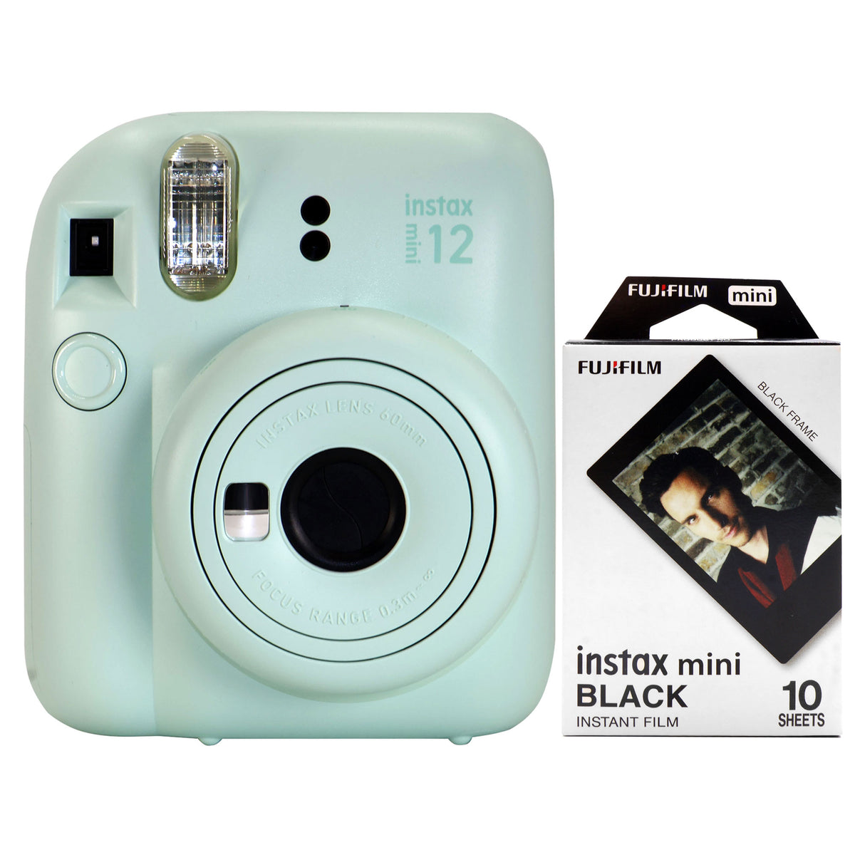 FUJIFILM INSTAX MINI 12 Instant Film Camera (Mint Green) + FUJIFILM Instax Mini Instant Film (Black, 10 Exposures)