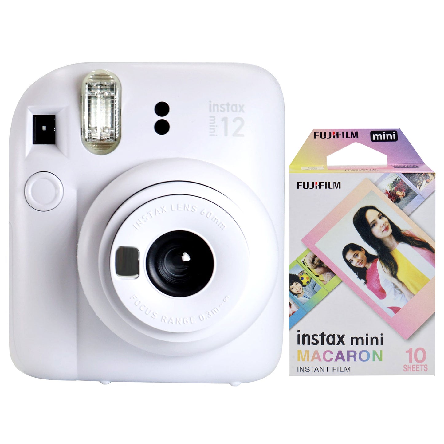 FUJIFILM INSTAX MINI 12 Instant Film Camera (Clay White) + FUJIFILM Instax Mini Instant Film (Macaron, 10 Exposures)
