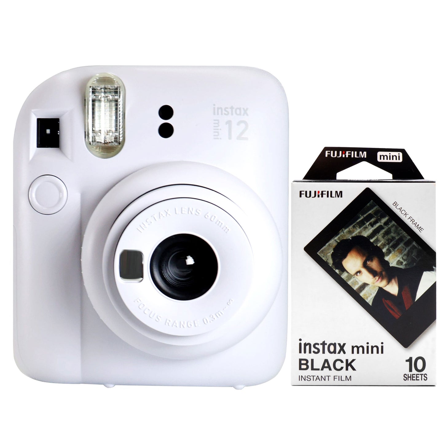 FUJIFILM INSTAX MINI 12 Instant Film Camera (Clay White) + FUJIFILM Instax Mini Instant Film (Black, 10 Exposures)