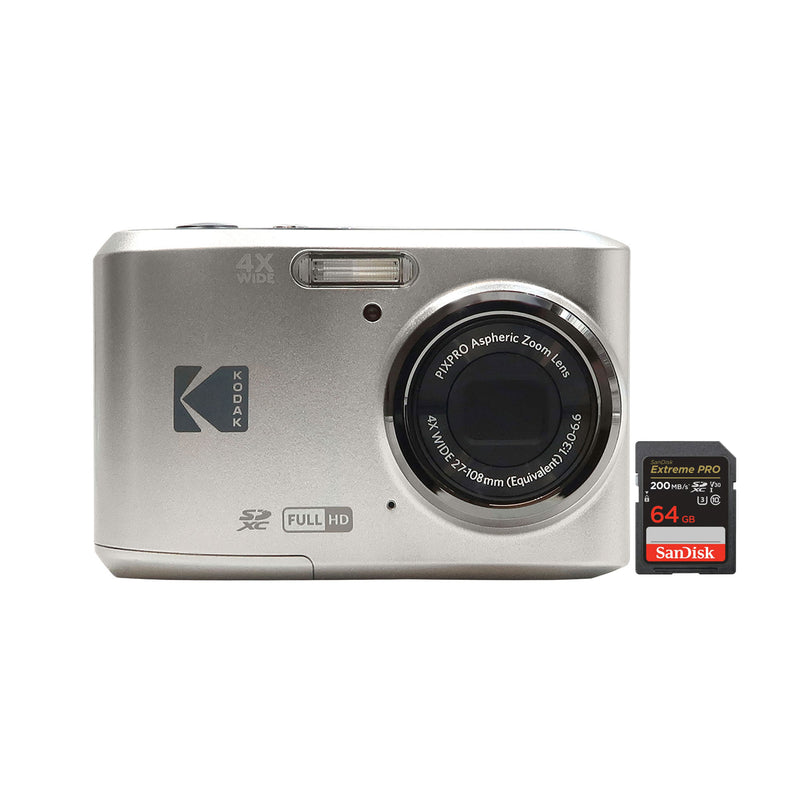 Kodak Pixpro FZ45 Portable 16MP Digital Camera (Silver) with Sandisk 64GB Extreme PRO SDXC UHS-I Memory Card