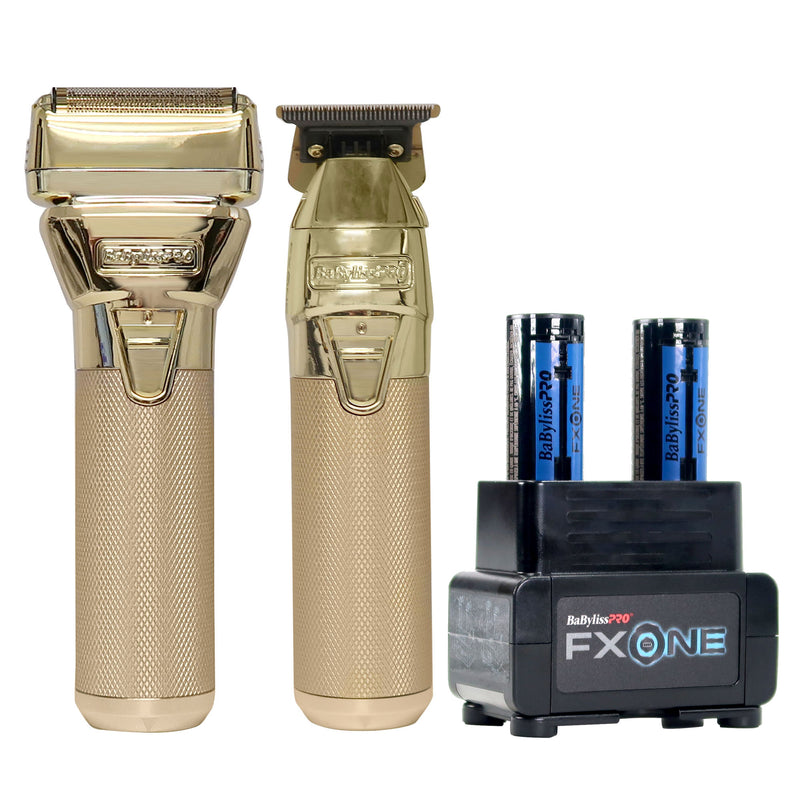 BaByliss Pro FXONE GoldFX Trimmer & Foil Shaver FX1FSTGTO with FXONE Dual-Charging Prepack [2 Batteries, 1 Charging Stan