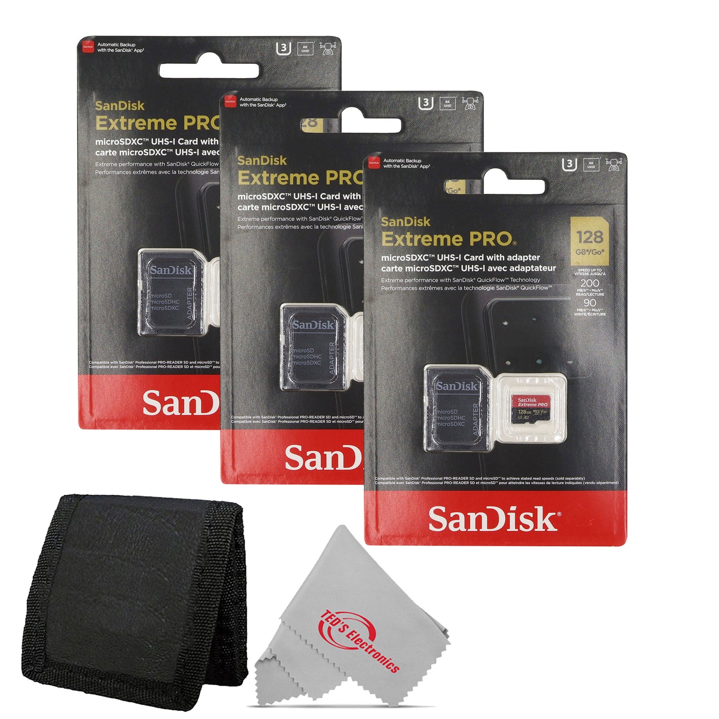 3x Sandisk 128GB Extreme Pro UHS-I Micro SD Up to 200MB/s Read 90MB/s Write + Card Wallet