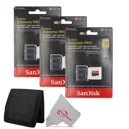 3x Sandisk 128GB Extreme Pro UHS-I Micro SD Up to 200MB/s Read 90MB/s Write + Card Wallet