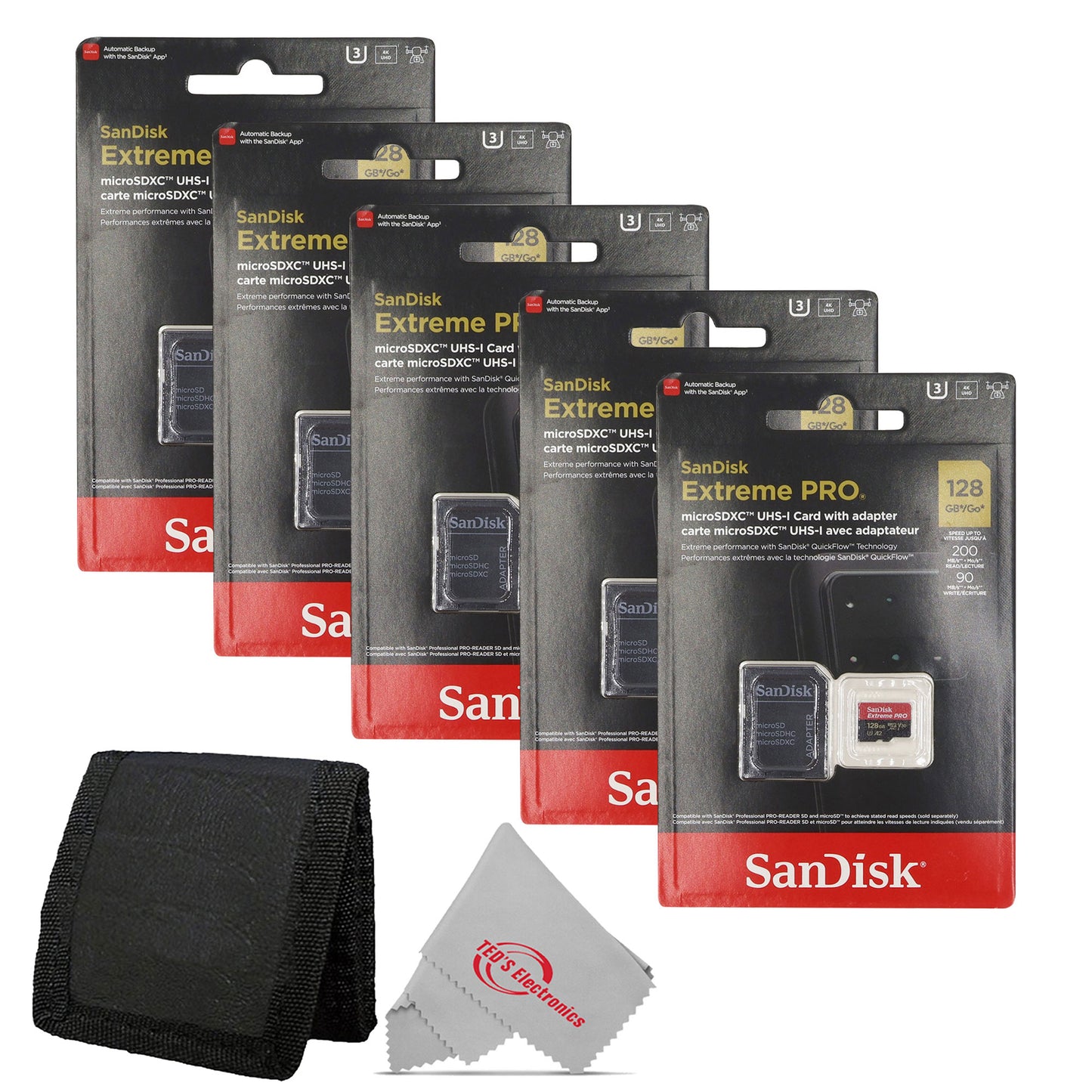 5x Sandisk 128GB Extreme Pro UHS-I Micro SD Up to 200MB/s Read 90MB/s Write + Card Wallet