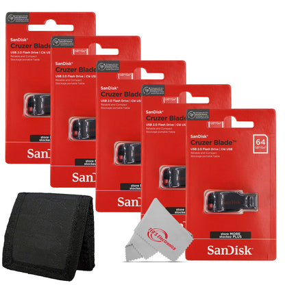 5x SanDisk Cruzer Blade USB Flash Drive - 64GB (Red) + Card Wallet