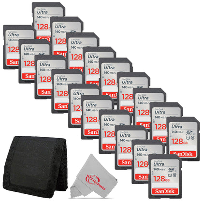 20x Sandisk Ultra 128GB SDXC UHS-I Class 10 Memory Card + Card Wallet