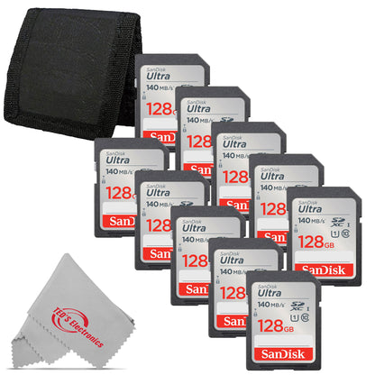10x Sandisk Ultra 128GB SDXC UHS-I Class 10 Memory Card + Card Wallet
