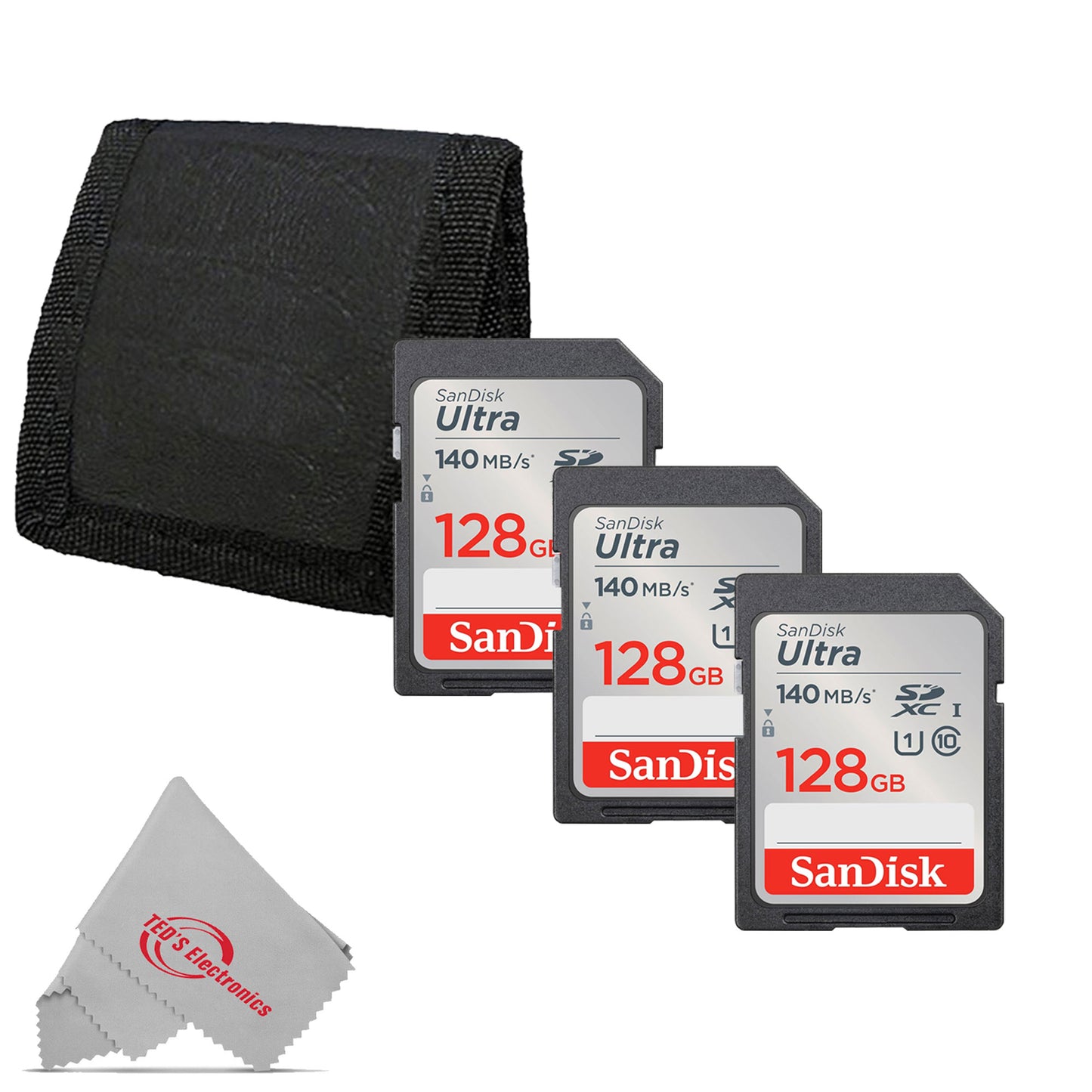 3x Sandisk Ultra 128GB SDXC UHS-I Class 10 Memory Card + Card Wallet