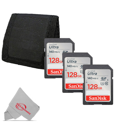 3x Sandisk Ultra 128GB SDXC UHS-I Class 10 Memory Card + Card Wallet