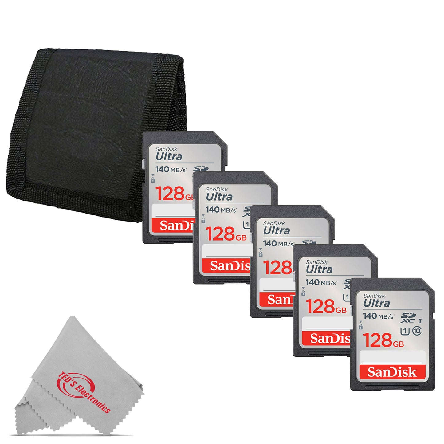 5x Sandisk Ultra 128GB SDXC UHS-I Class 10 Memory Card + Card Wallet