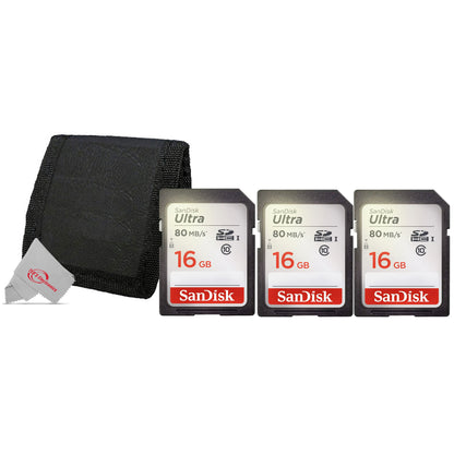 3x SanDisk Ultra 16GB Class 10 SDHC UHS-I Memory Card up to 80MB/s  SDSDUNC-016G-GN6IN + Card Wallet