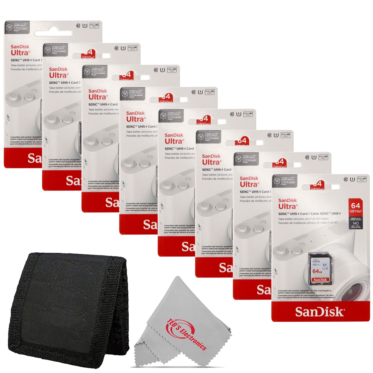 8x SanDisk 64GB Ultra SDXC UHS-I Memory Card - Up to 140MB/s SD Card - SDSDUNB-064G-GN6IN + Card Wallet