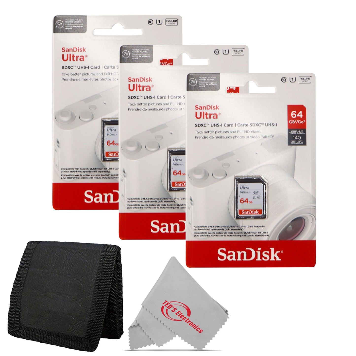 3x SanDisk 64GB Ultra SDXC UHS-I Memory Card - Up to 140MB/s SD Card - SDSDUNB-064G-GN6IN + Card Wallet