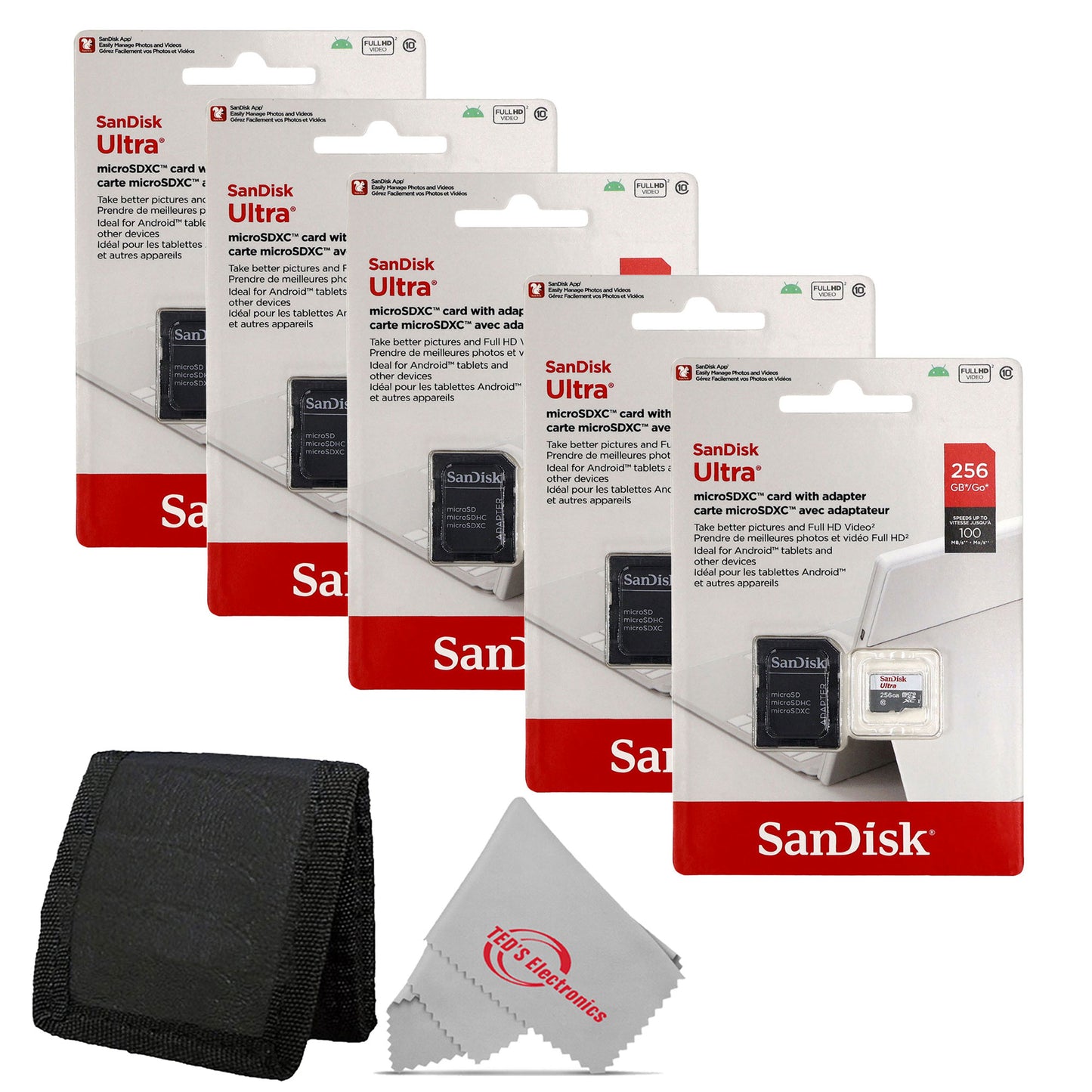 5x Sandisk Ultra 256GB 100MB/s Class 10 Micro SDXC Memory Card + Card Wallet