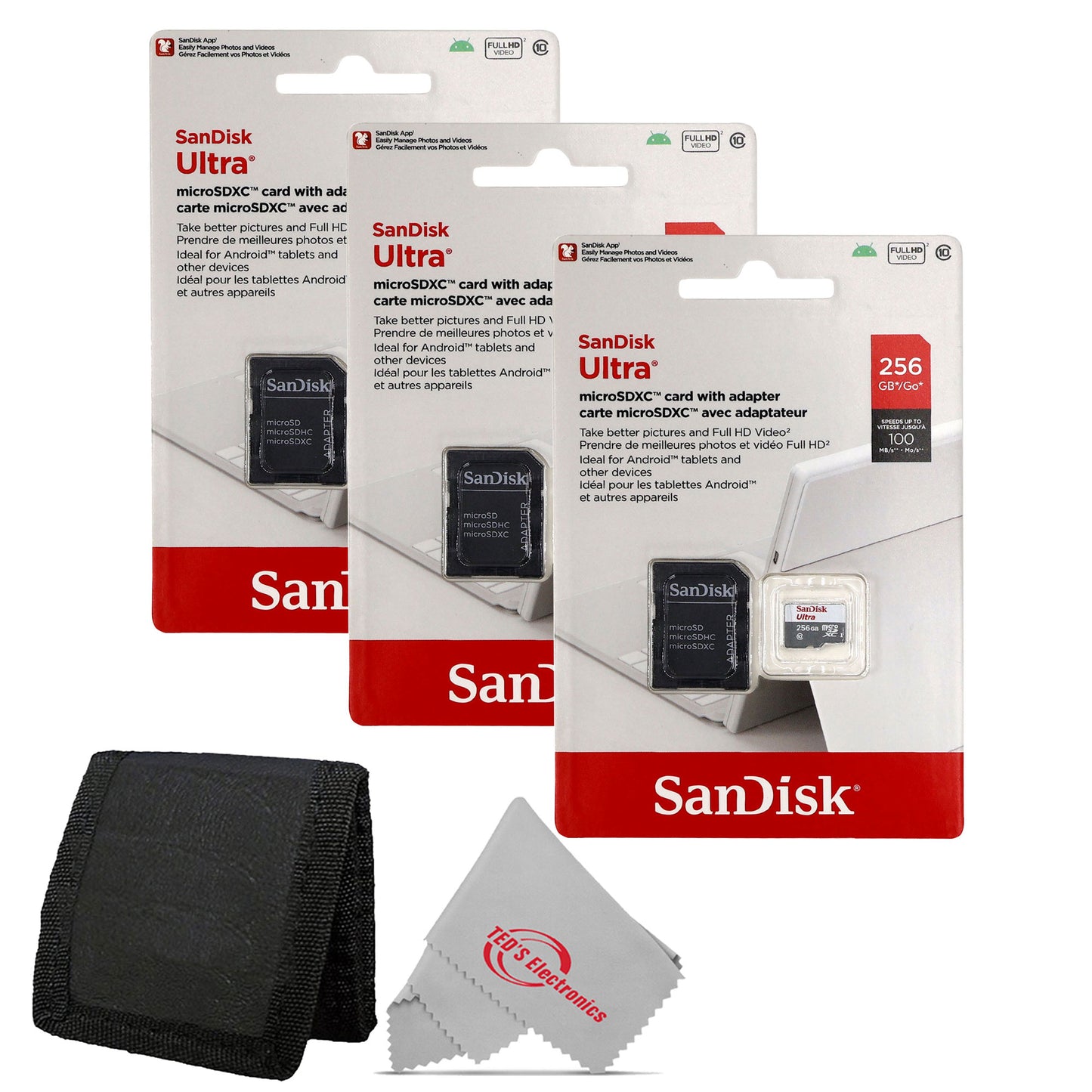 3x Sandisk Ultra 256GB 100MB/s Class 10 Micro SDXC Memory Card + Card Wallet