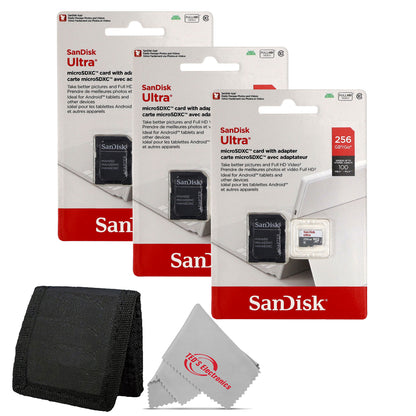 3x Sandisk Ultra 256GB 100MB/s Class 10 Micro SDXC Memory Card + Card Wallet